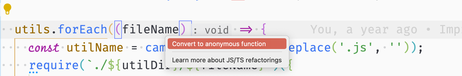 VS Code window showing the available code action of "converting to anonymous function"
