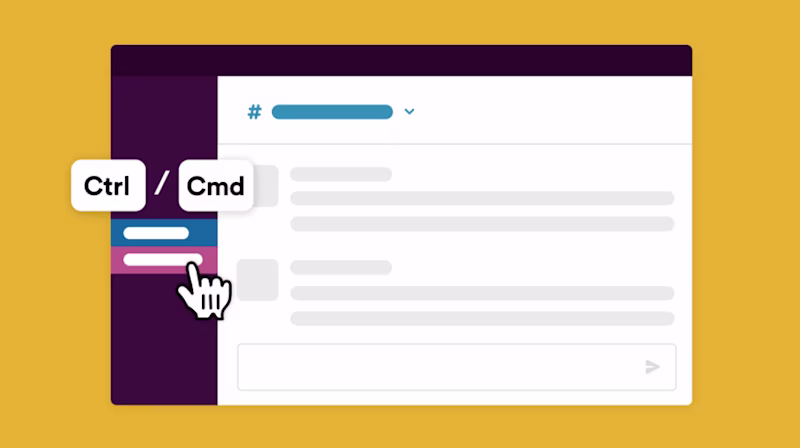 Slack interface showing a mouse cursor explaining to click a channel with held "ctrl/cmd".