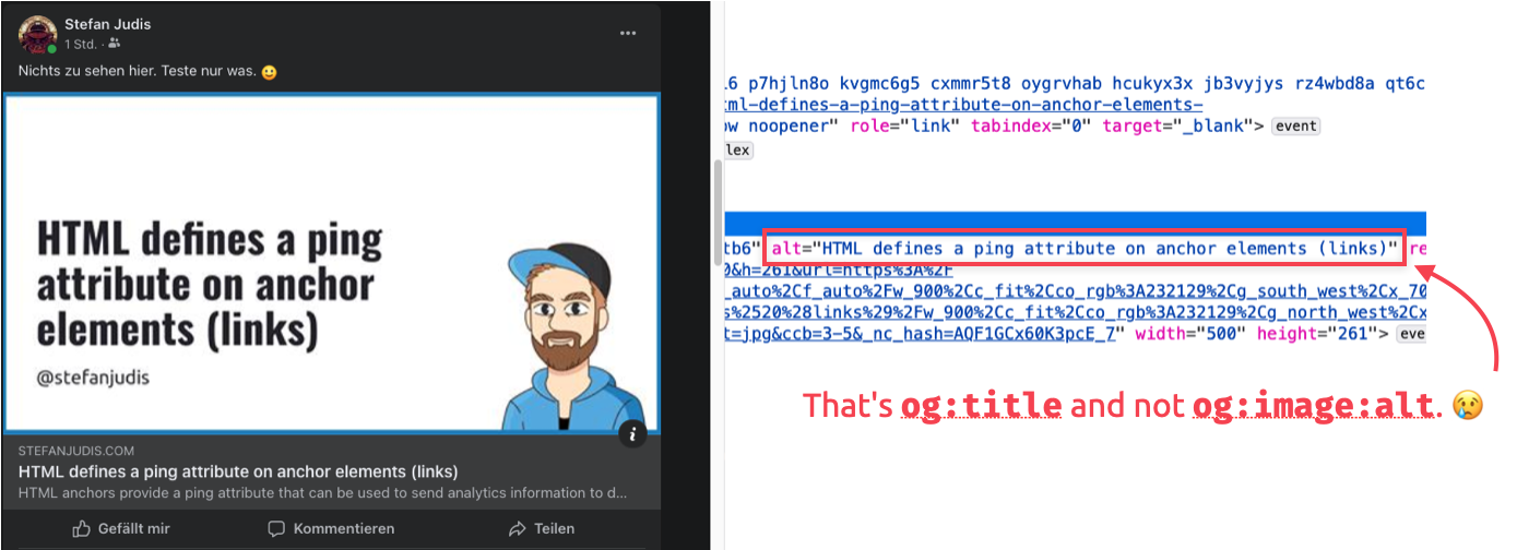 Facebook UI preview showing that og:title is used for the image alt text.