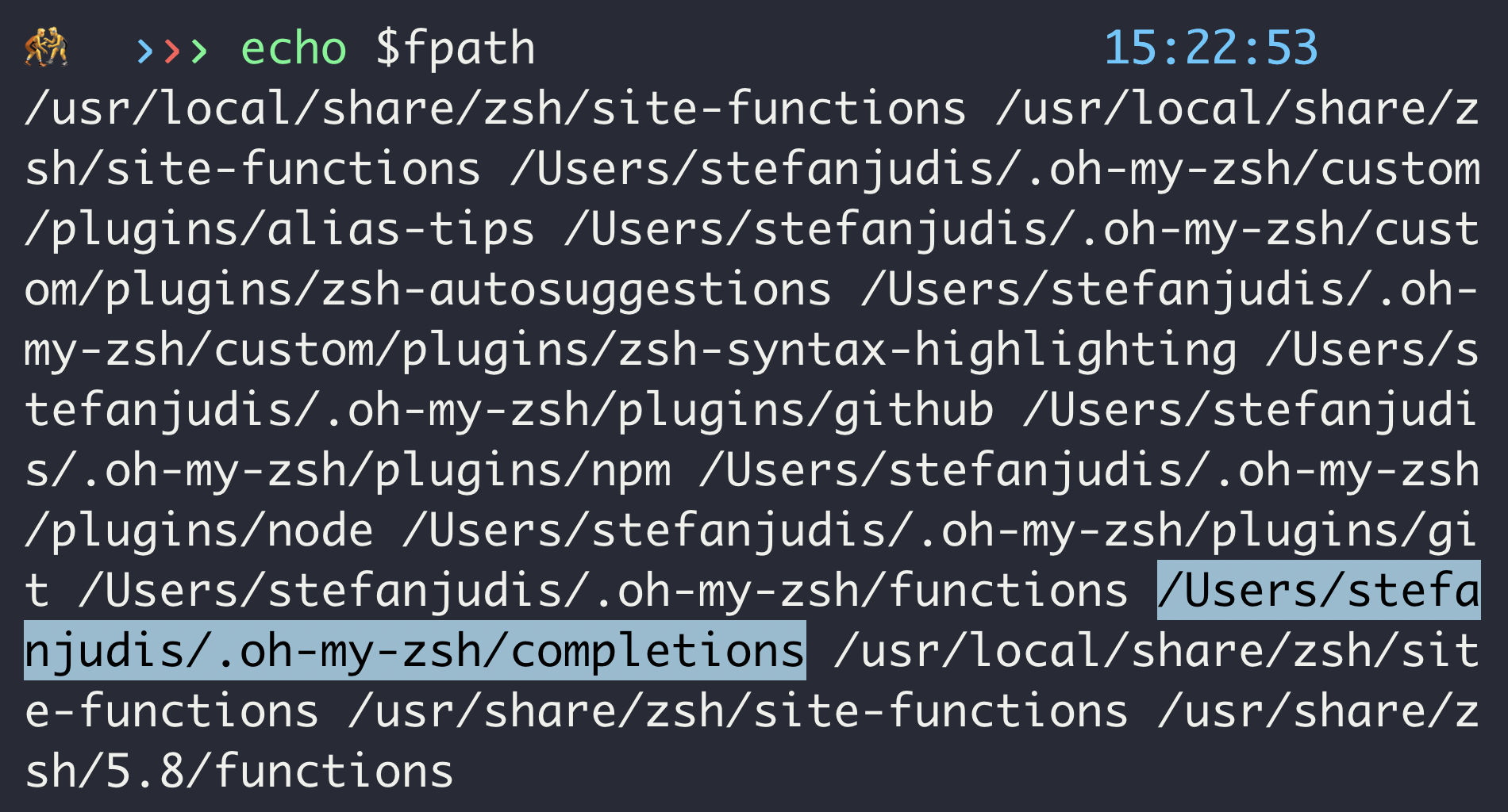 echo $fpath with highlighted path /Users/stefanjudis/.oh-my-zsh/completions