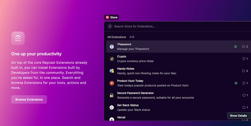 Raycast preview: showing possible command shortcuts.