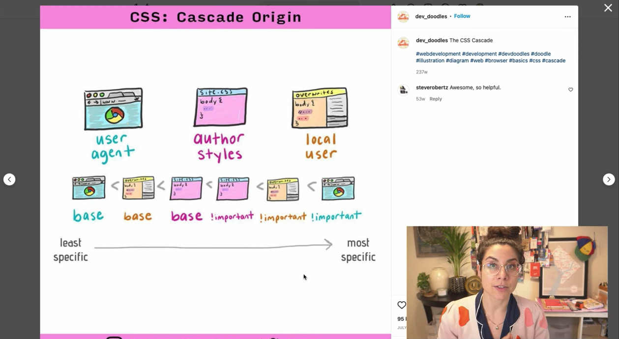 Una on screen explaining CSS cascade and specificity