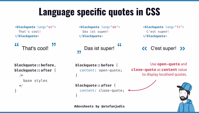 DevSheet explaining how to display language-specific quotes in CSS