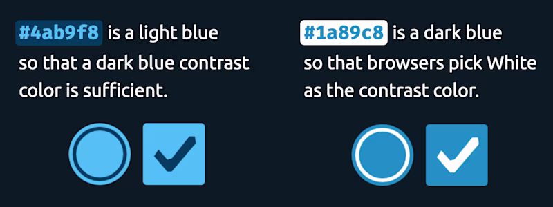 Example showing that browser adjust the input radio/checkbox contrast color depending on the defined accent color to provide a reasonable contrast ratio.