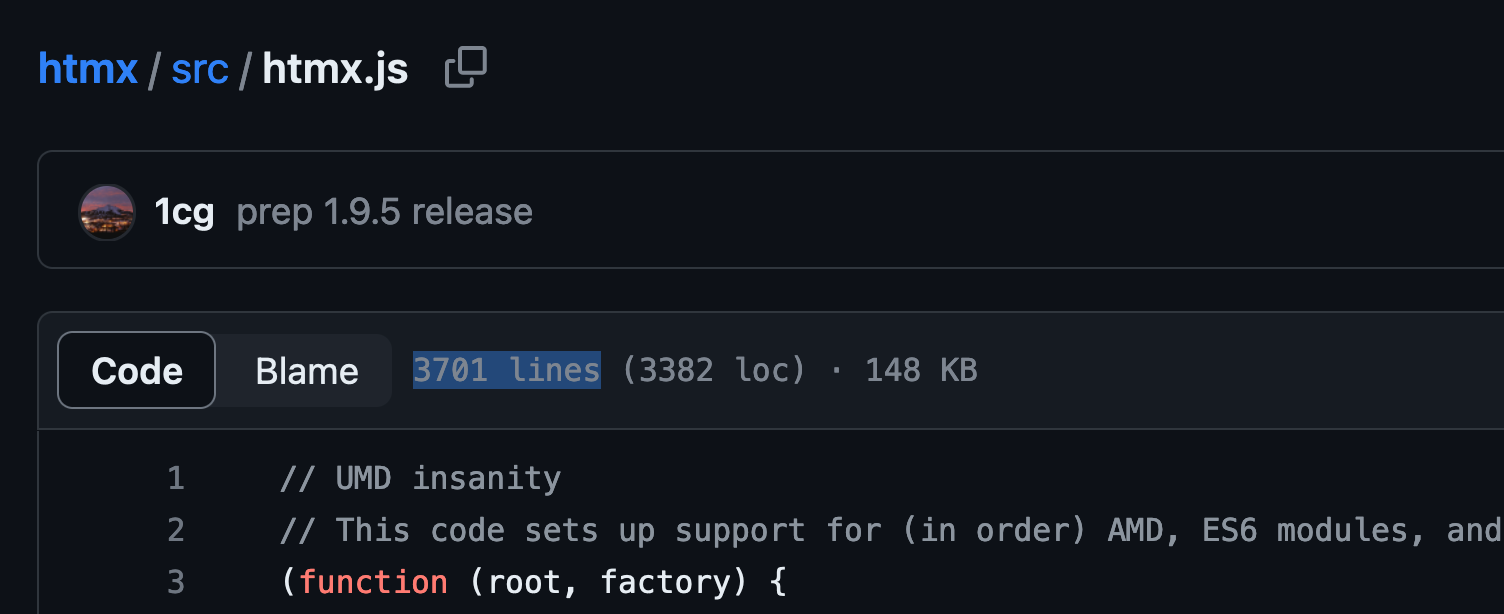 Htmx on GitHub — It's a 3701 lines long file.
