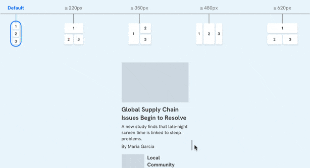 A preview window rendering multiple complex CSS layouts depending on the container width.