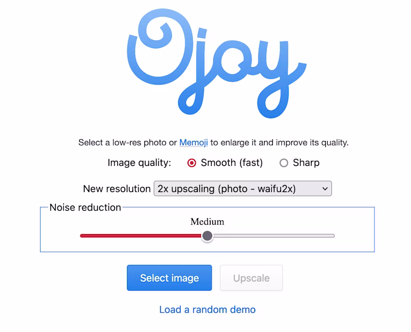 Ojoy screenshot showing some selectors to upload an image