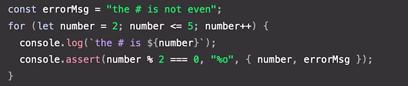 JavaScript code using console.assert.