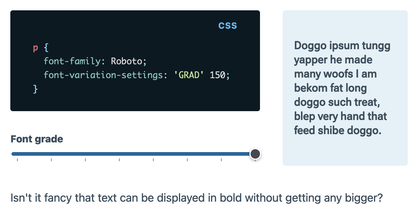 Interactive component showing 'font-variation-settings' for 'GRAD'