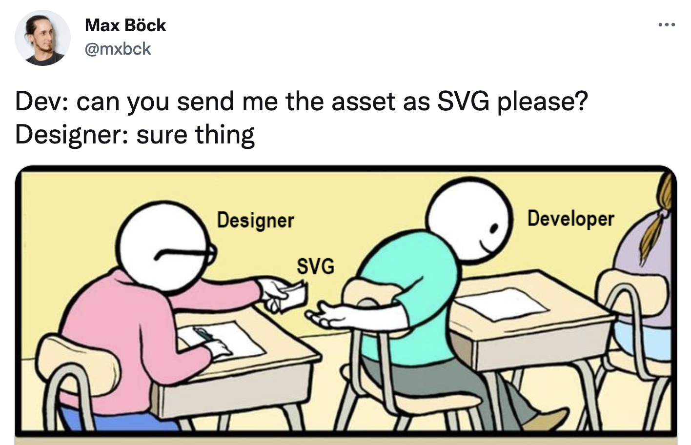 Comic in which a designer hands a "SVG" to a developer.