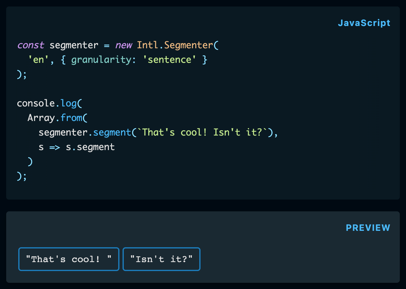 JavaScript code showing how to use "Intl.Segmenter"