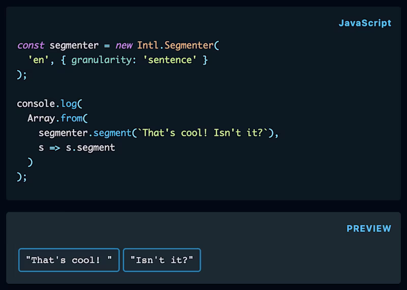 JavaScript code showing how to use "Intl.Segmenter"