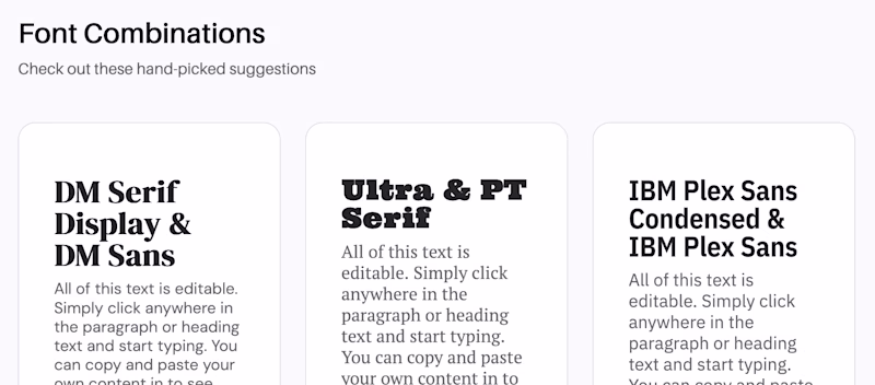 "Font combinations" next to visually rendered headline / body font combinations.