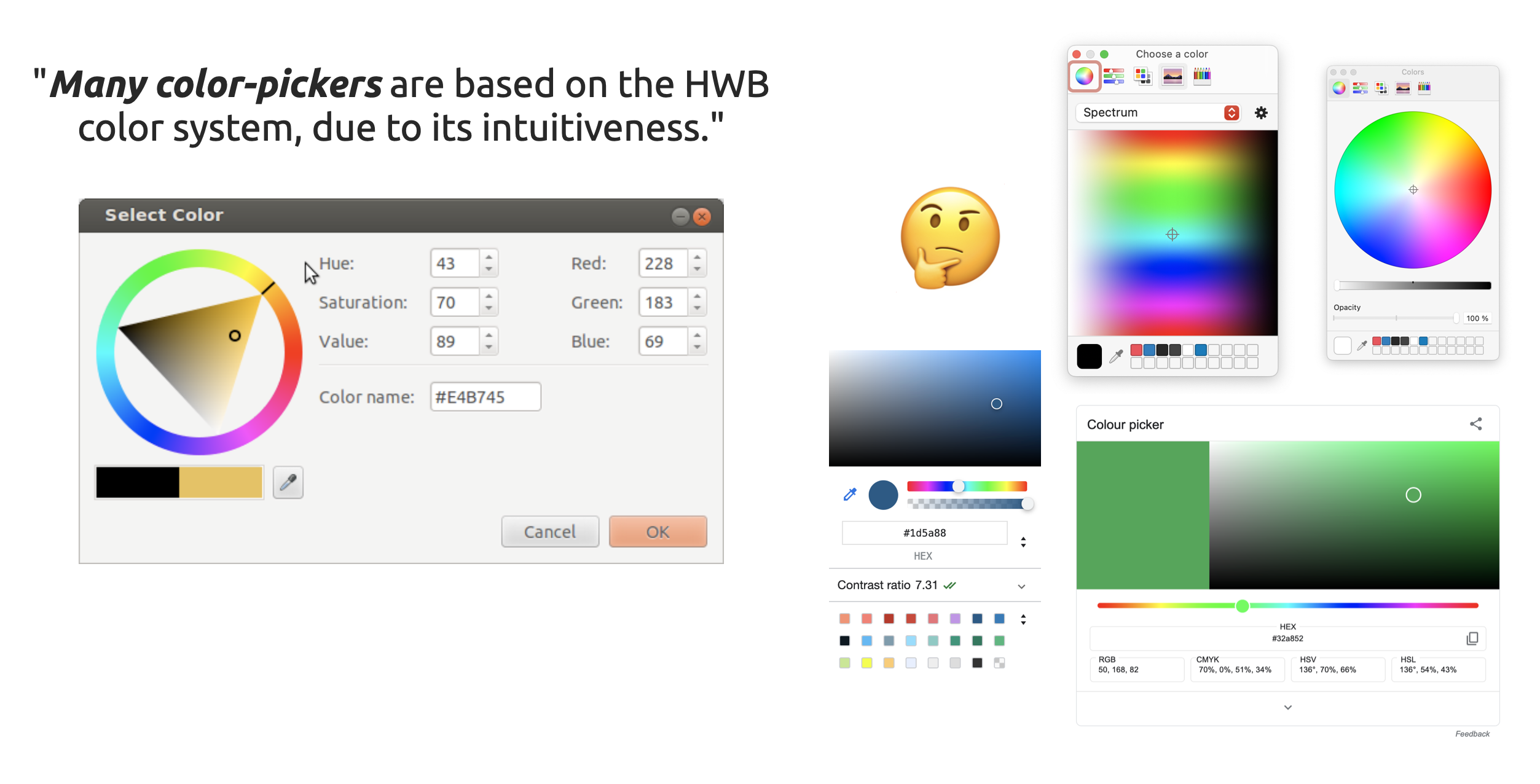 The defined hwb example color picker next to color pickers that are all not using hwb.
