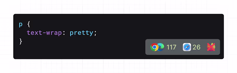 text-wrap: pretty snippet next to browser support info (Firefox doesn't support it yet).