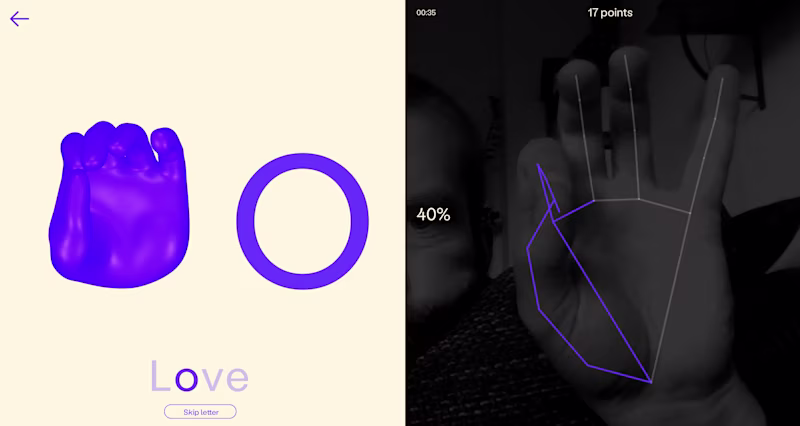 Screenshot of fingerspelling.xyz/game showing the "o" letter and a "hand analyzer"