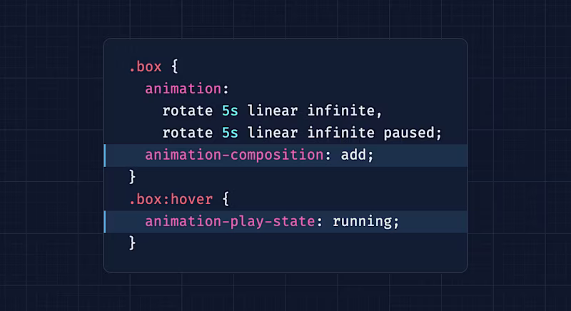 box { animation: rotate 5s linear infinite, rotate 5s linear infinite paused; animation-composition: add; } box:hover { animation-play-state: running; }