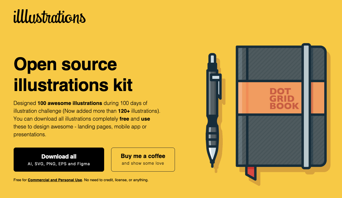 Open source illustration kit – Designed 100 awesome illustrations during 100 days of illustration challenge (Now added more than 120+ illustrations). You can download all illustrations completely free and use these to design awesome - landing pages, mobile app or presentations.