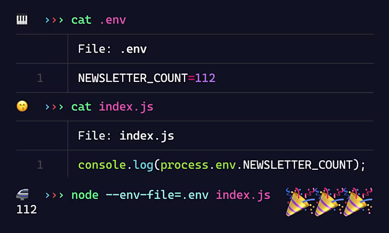 Example showing the --env-file flag for Node.js
