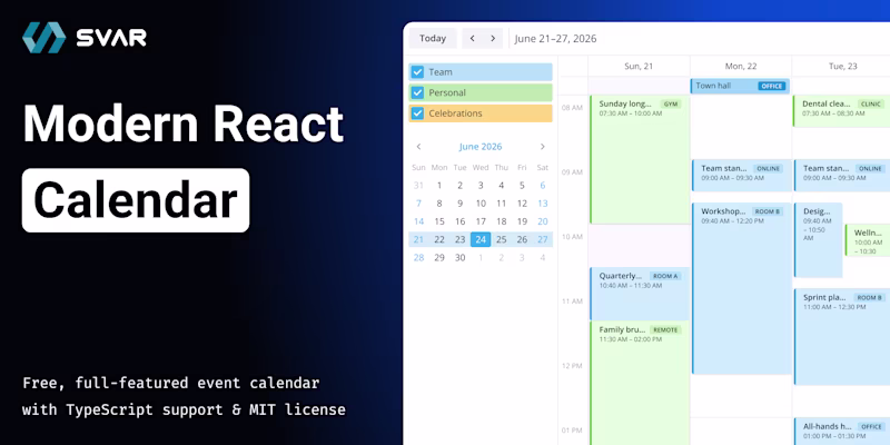 Modern React Calendar — free, full-featured event calendar with TypeScript support & MIT license.