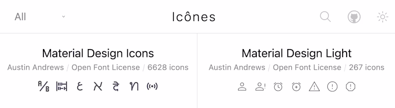Icônes interface including Material Design Icons and more.