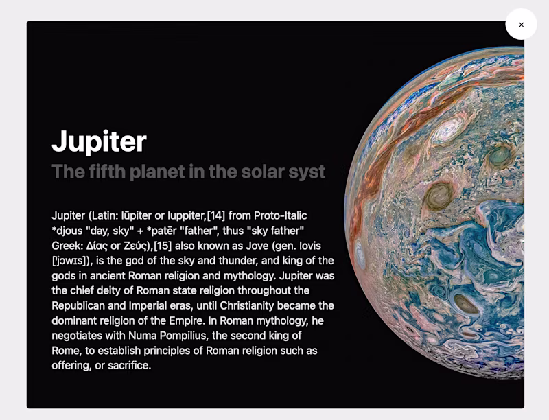 A card with the headline "Jupiter" and a closing button in the top-right corner