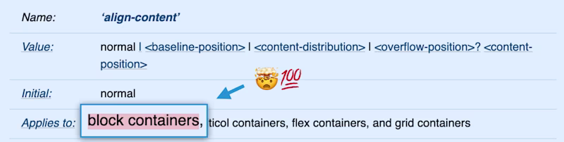 "align-content" CSS spec defining that it should work for block containers.