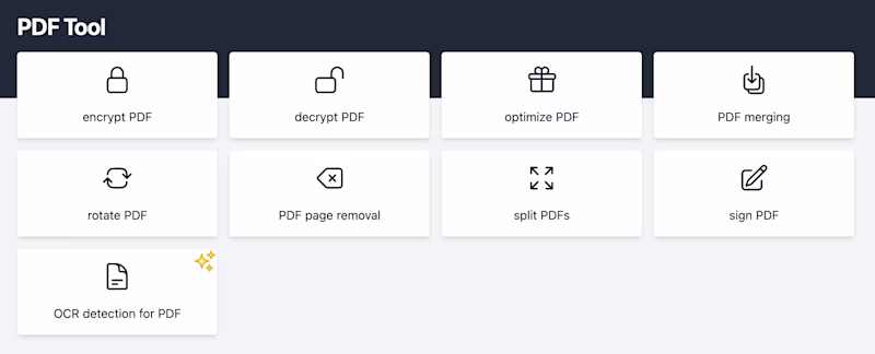 PDF Tool with actions such as encrypting, optimizing or merging PDFs