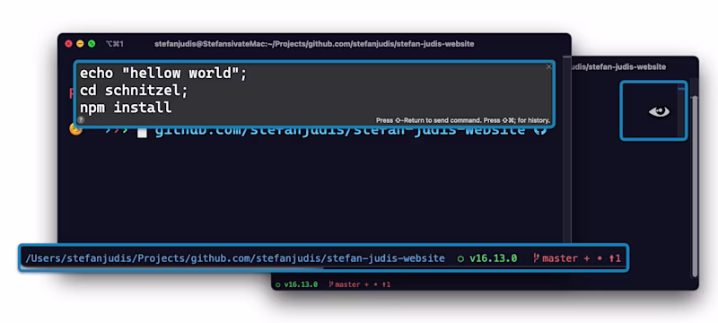 iTerm2 window highlighting a custom mark, the status bar and multiline command editing