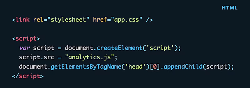 <link rel="stylesheet" href="app.css" />  <script>   var script = document.createElement('script');   script.src = "analytics.js";   document.getElementsByTagName('head')[0].appendChild(script); </script>