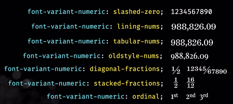 font-variant-numeric examples and how the affect rendering.