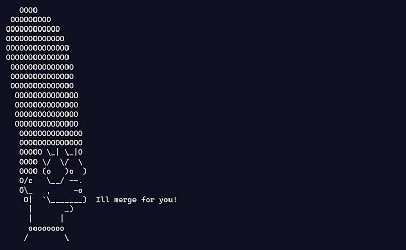 Marge Simpson in Ascii art telling that she'll merge for me.