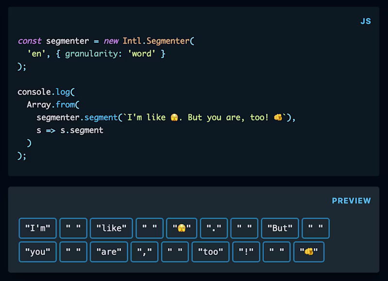 Code snippet showing how Intl.Segmenter can split strings into words.