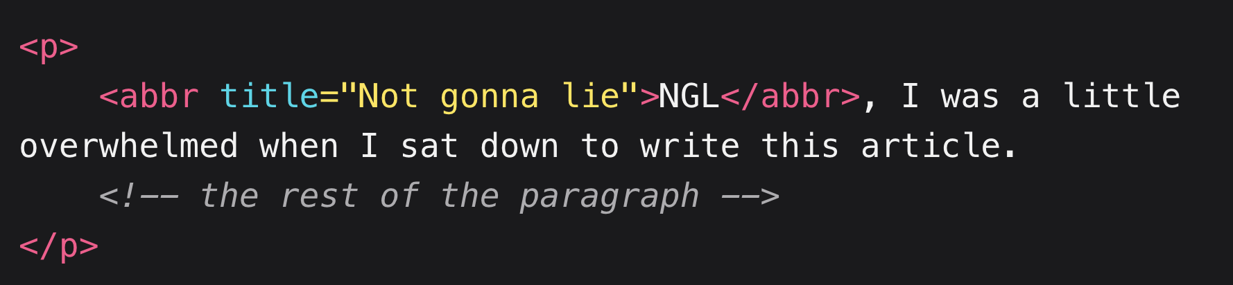 HTML code: &lt;p&gt;     &lt;abbr title=&quot;Not gonna lie&quot;&gt;NGL&lt;/abbr&gt;, I was a little overwhelmed when I sat down to write this article.     &lt;!-- the rest of the paragraph --&gt; &lt;/p&gt;