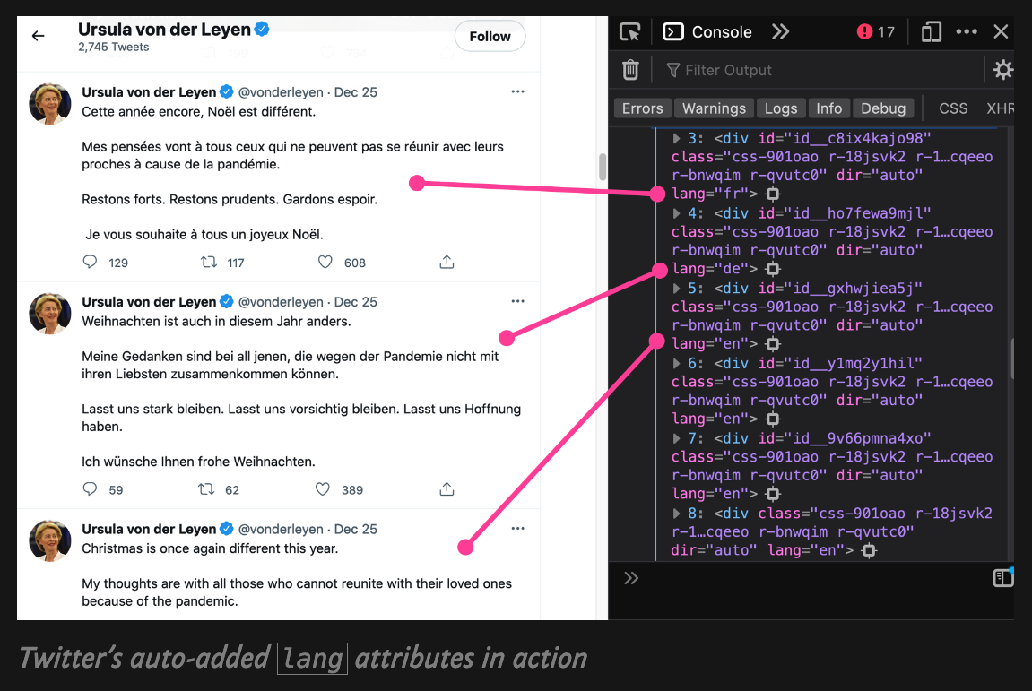 Twitter web interface with open DevTools highlighting the auto-detected `lang` attribute for every Tweet.