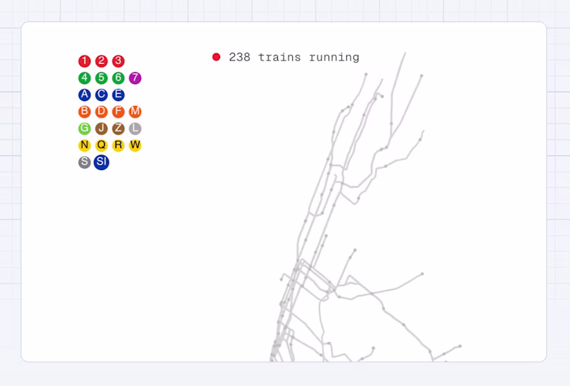 A train map of NYC showing the differing train lines.