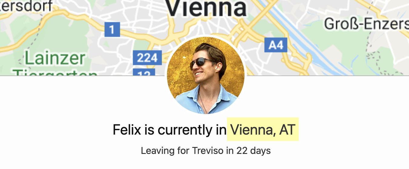 A profile page showing a picture of Felix with a subline that he's in Vienna right now.