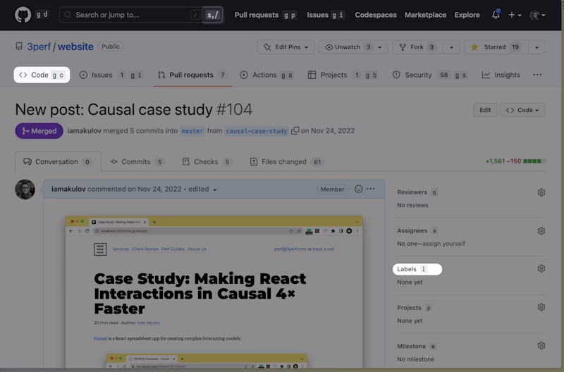 GitHub UI with displayed shortcut commands.