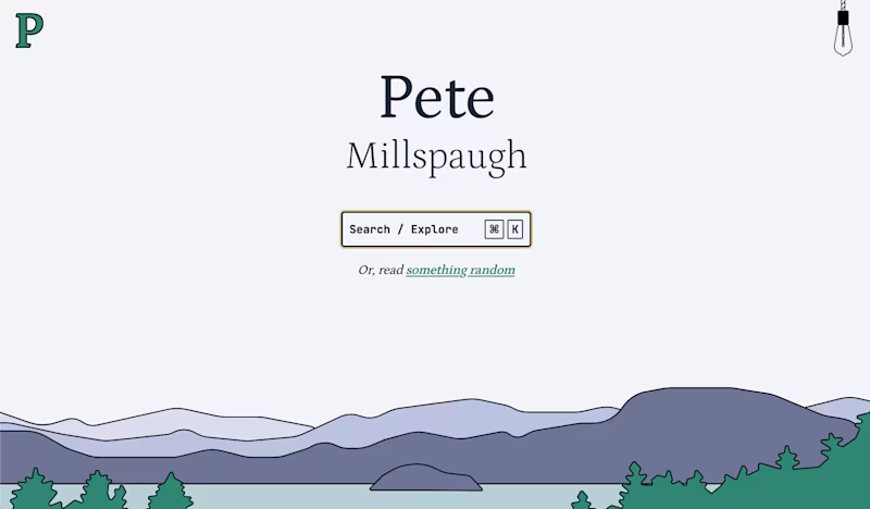 A site with the headline Pete Millspaugh. It has comic mountains in the background and a search box in the center.