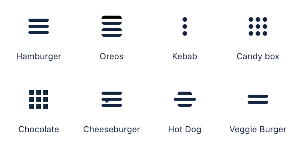 Different menu button designs including "hamburger", "oreos", "kebap" and more. The point is though that it's impossible to know what's behind these button icons.
