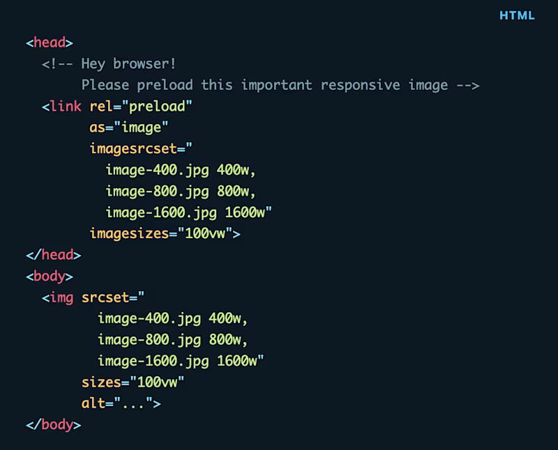 Snippet to preload responsive images via a "link" element.