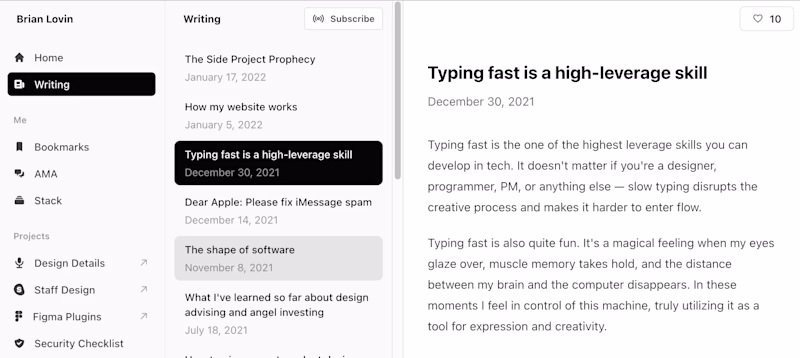 Brian Lovin's website with a three column layout showing many different things. It's more like a knowledge app than a personal website.