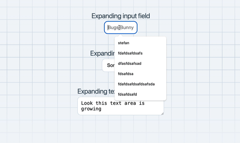 An input, a select and a textarea all resizing depending on their content.