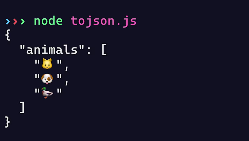 Result of running "node tojson.js" showing the applied "toJSON" method.