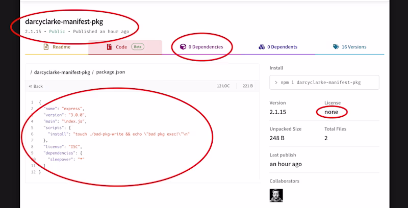 npm example package with inconsistent data.