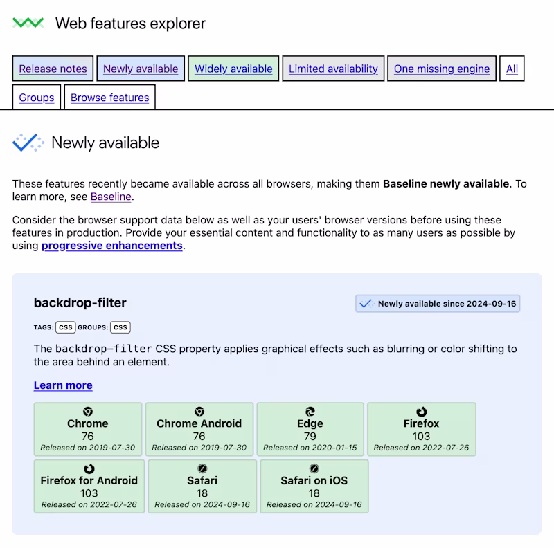 The UI of the Web Features Explorer showing cross-browser supported web features.