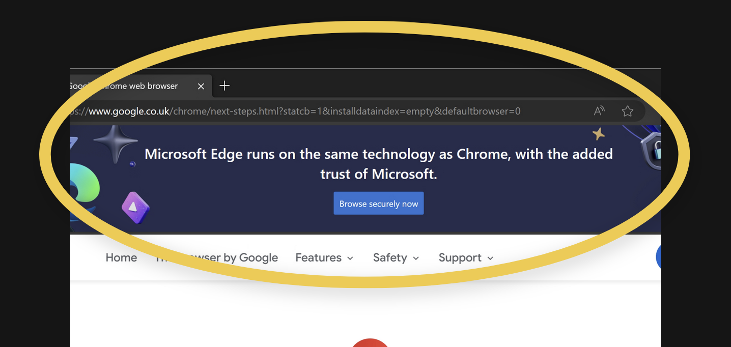 Chrome download page with an injected Edge ad.