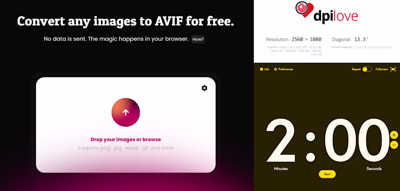 Screenshot os dpilove, avif.io and bigtimer.net