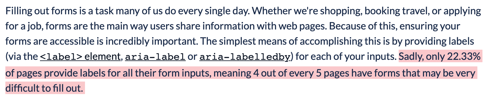 Paragraph of the article with highlighted text: Sadly, only 22.33% of pages provide labels for all their form inputs, meaning 4 out of every 5 pages have forms that may be very difficult to fill out.