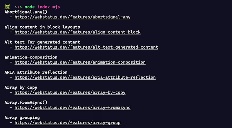 Terminal run showing the rendered result for newly available baseline entries.